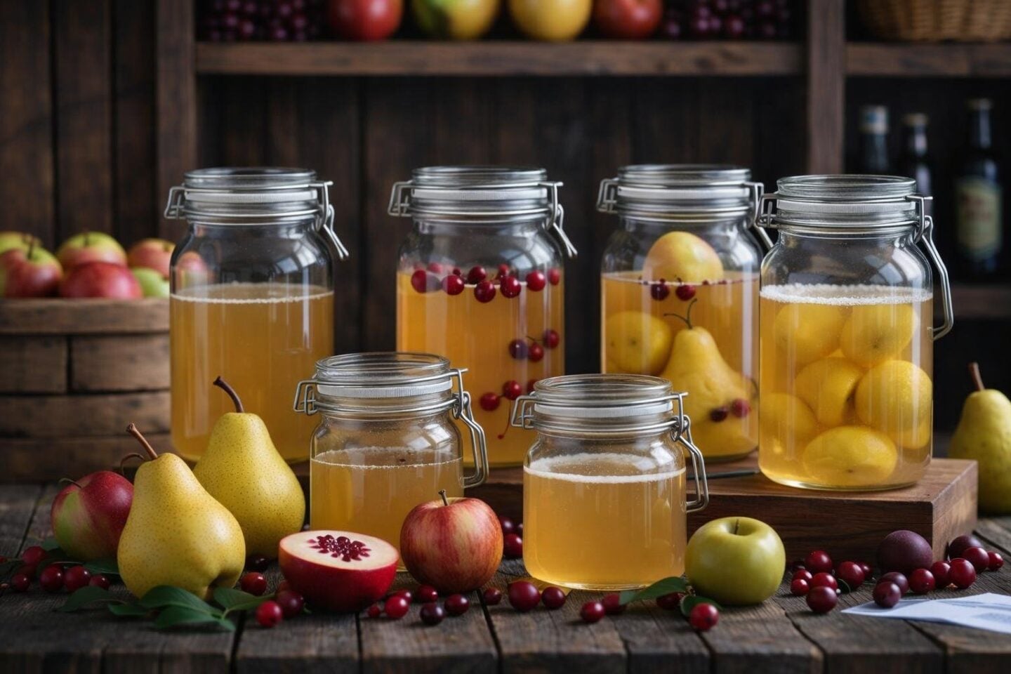 A wooden table with jars of fermenting cider surrounded by pears, quinces, cranberries, and pomegranates in a cozy kitchen setting.