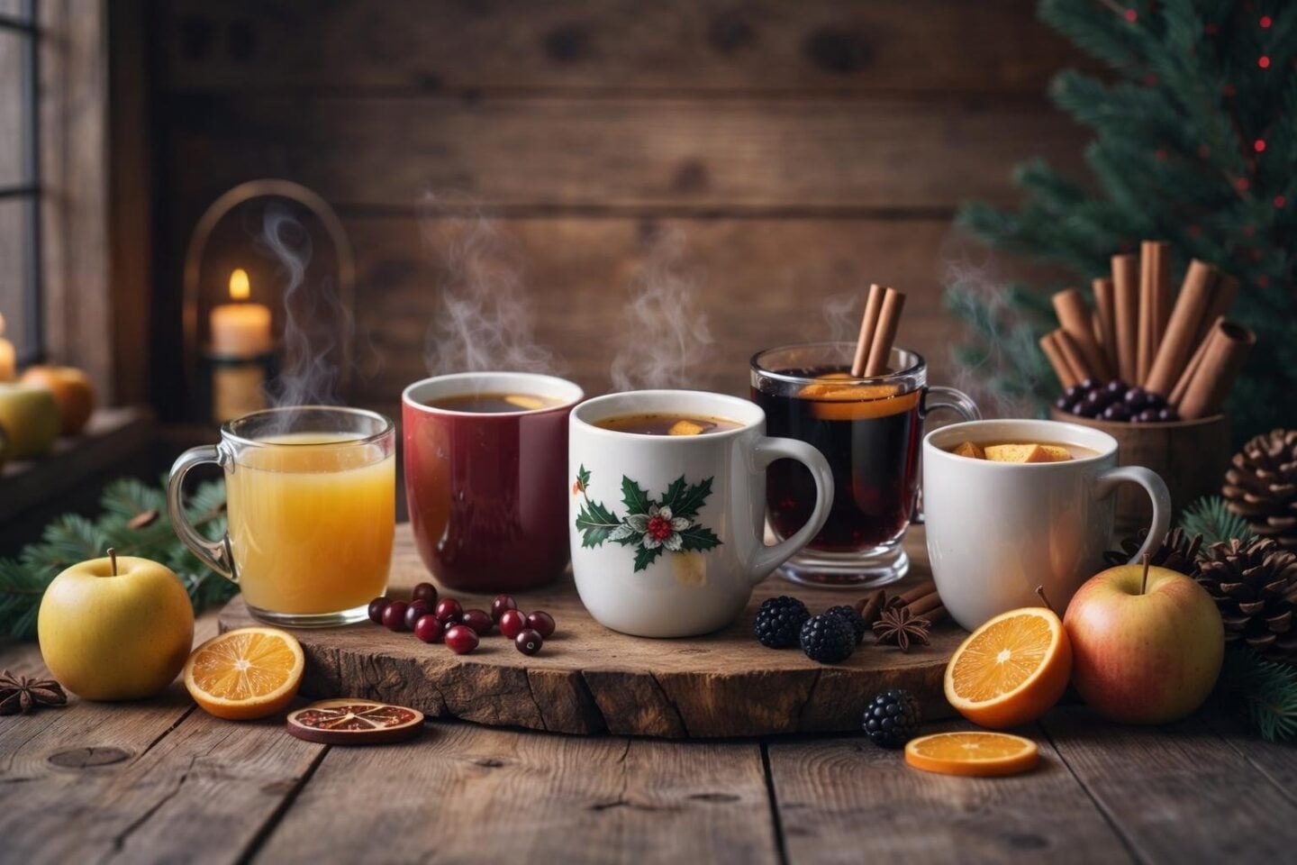 A wooden table displaying six bottles of winter cider made from various fruits, surrounded by fresh fruits and small tasting glasses, with warm seasonal decorations in the background.