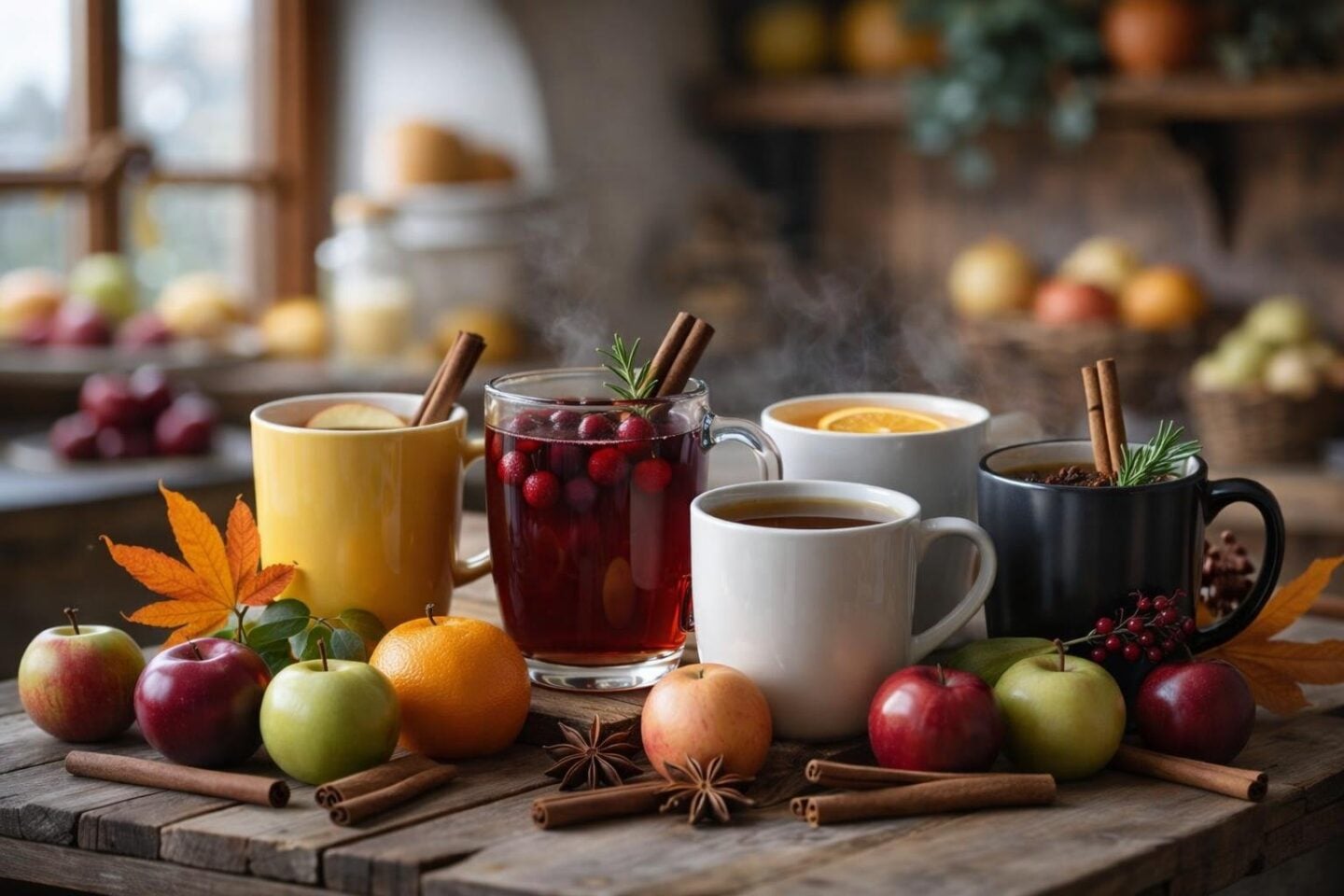 A wooden table displaying six bottles of cider surrounded by various winter fruits and spices in a cozy kitchen setting.