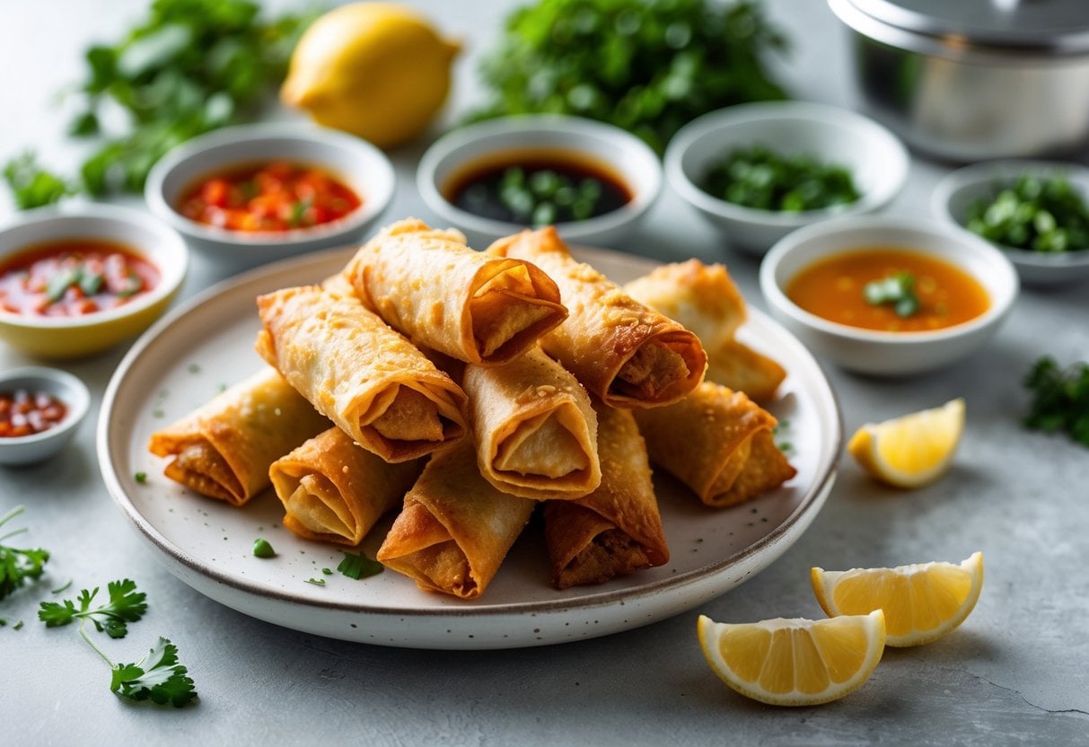 A plate of crispy fried spring rolls served with several small bowls of dipping sauces and fresh herbs on a kitchen countertop.