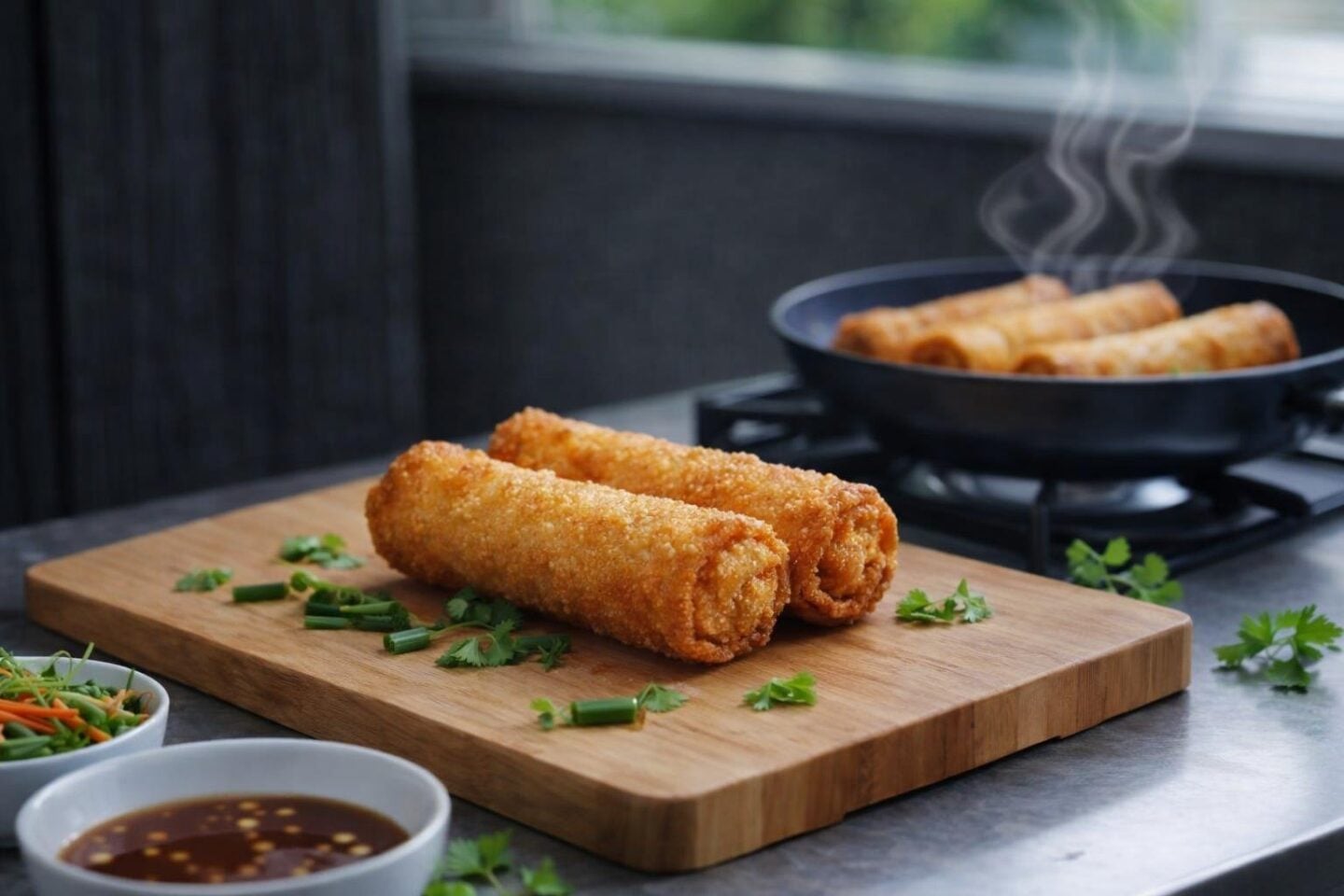 Hands rolling fresh spring rolls filled with vegetables and meat on a cutting board with fried spring rolls cooking in a pan nearby.