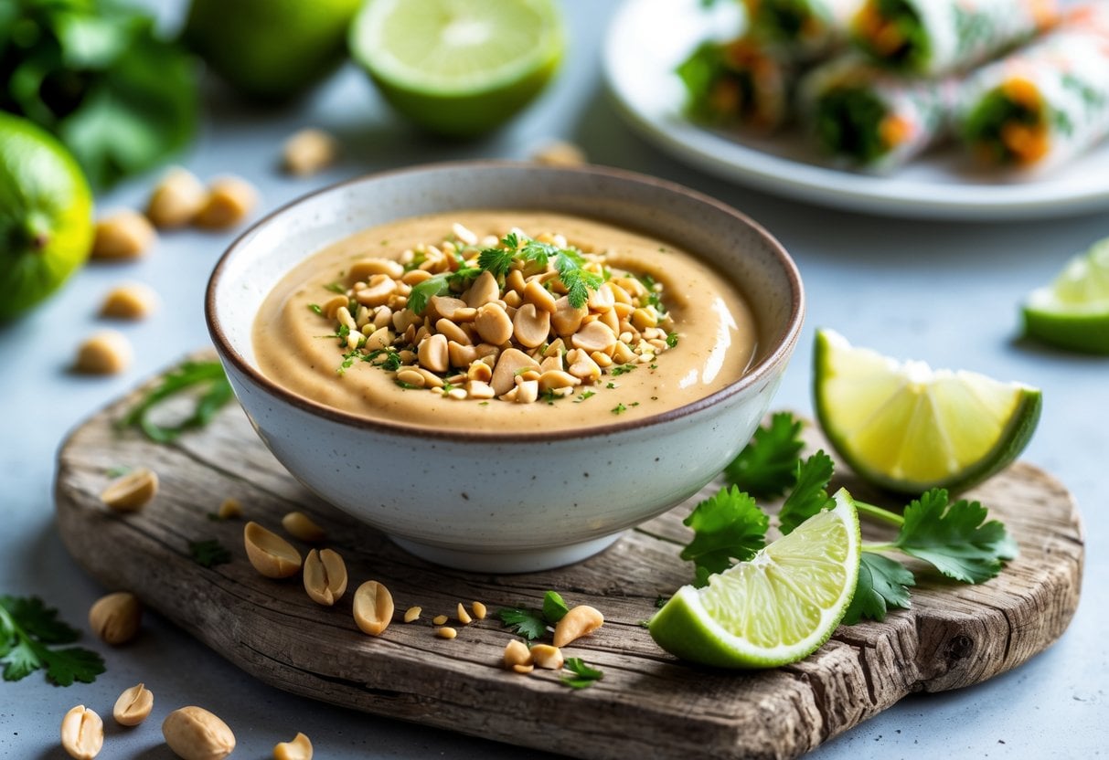 A bowl of creamy peanut-lime sauce garnished with peanuts and lime zest, surrounded by fresh limes, peanuts, herbs, and spring rolls on a wooden board.