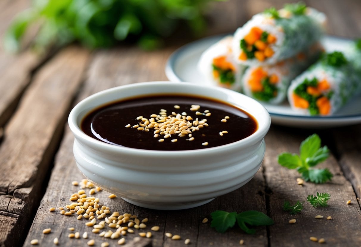 A bowl of soy-sesame dipping sauce next to fresh spring rolls on a wooden table.