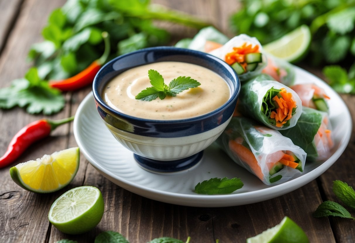 A bowl of nut-free spring roll dipping sauce next to a plate of fresh spring rolls with herbs, chili peppers, and lime wedges on a wooden surface.