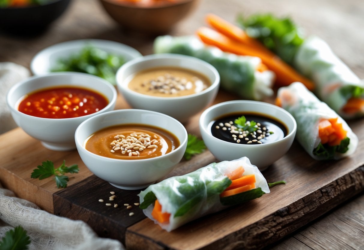 Four small bowls of different dipping sauces with fresh spring rolls on a wooden board.
