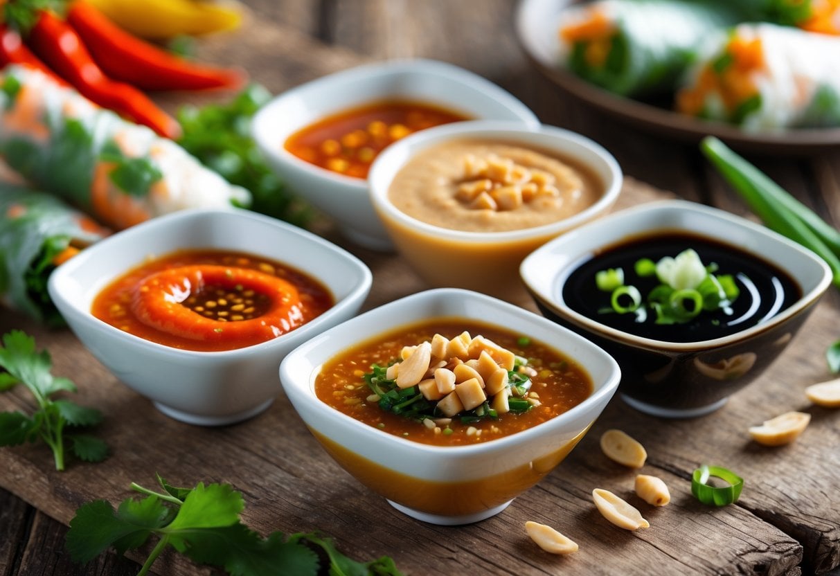 Four small bowls of different dipping sauces next to fresh spring rolls on a wooden table.
