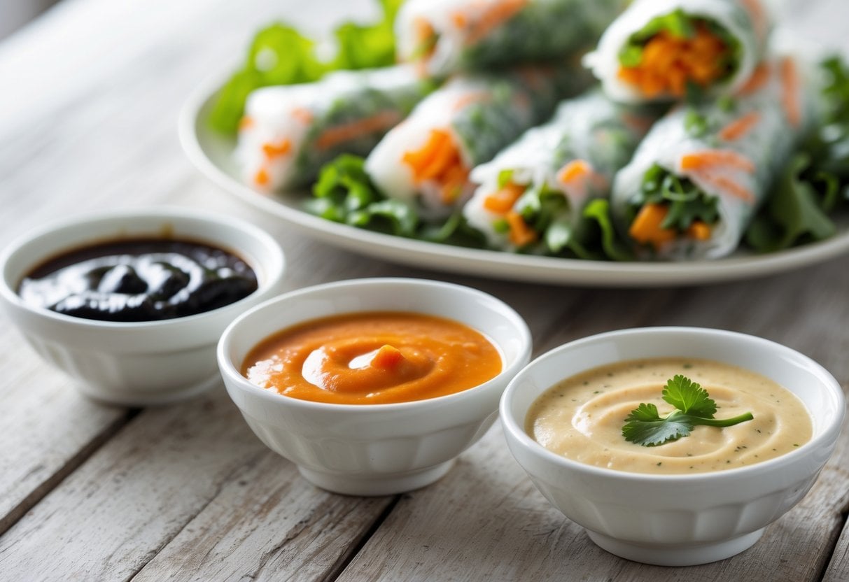 Four small bowls of different dipping sauces arranged on a wooden table next to a plate of fresh spring rolls.