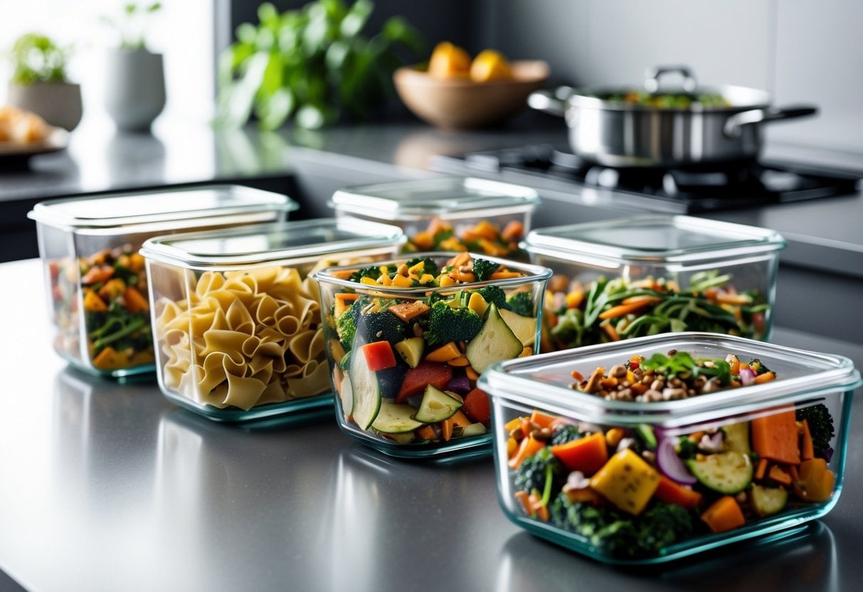 A kitchen countertop with glass containers holding colorful leftover meals and a stovetop with a steaming pot in the background.