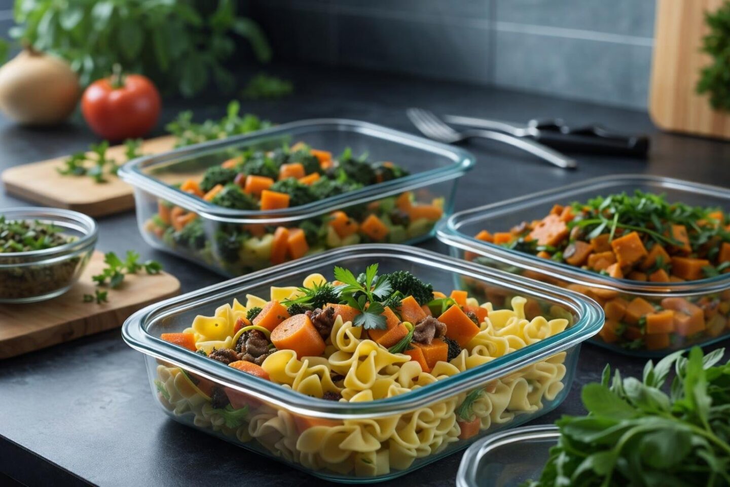 A kitchen countertop with glass containers filled with colorful leftover meals, steam rising from one container, and fresh herbs on a cutting board in the background.