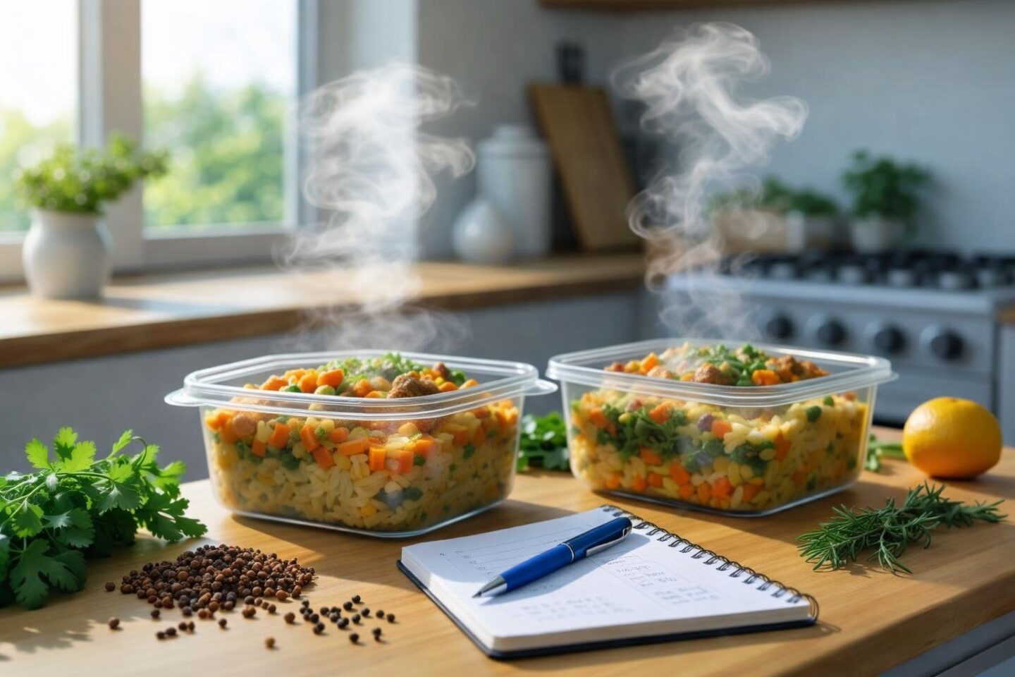 A kitchen countertop with two glass containers of food, one freshly cooked and one refrigerated, alongside fresh herbs and a notebook with notes.