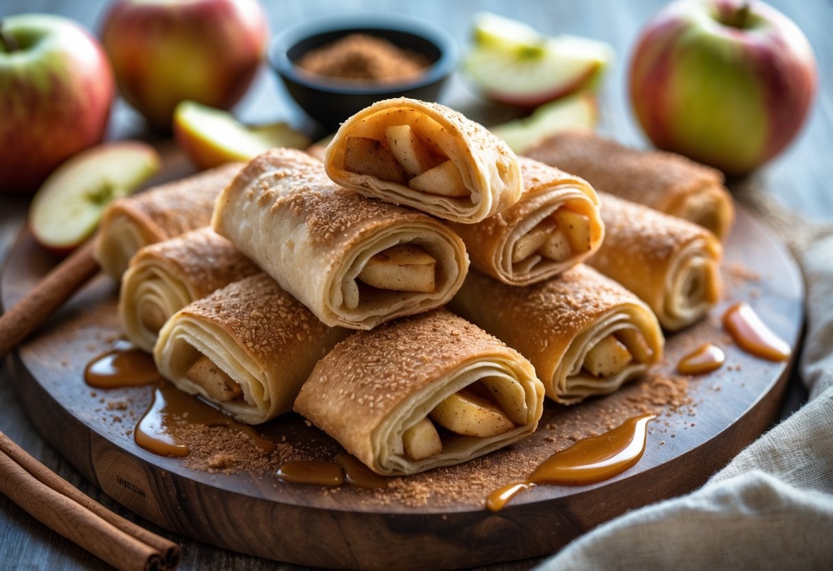 Close-up of baked apple cinnamon dessert spring rolls on a wooden board with apple slices, cinnamon, and caramel sauce.