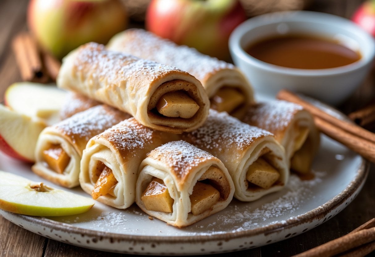 Close-up of baked apple cinnamon dessert spring rolls on a plate with apple slices, cinnamon sticks, and caramel sauce on a wooden table.