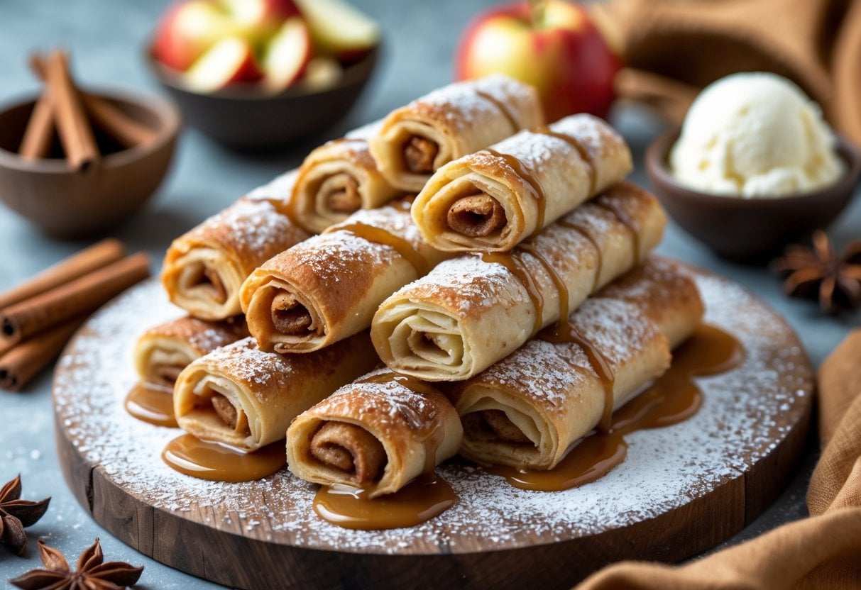 Close-up of baked apple cinnamon dessert spring rolls on a wooden board with cinnamon sticks, diced apples, and vanilla ice cream nearby.