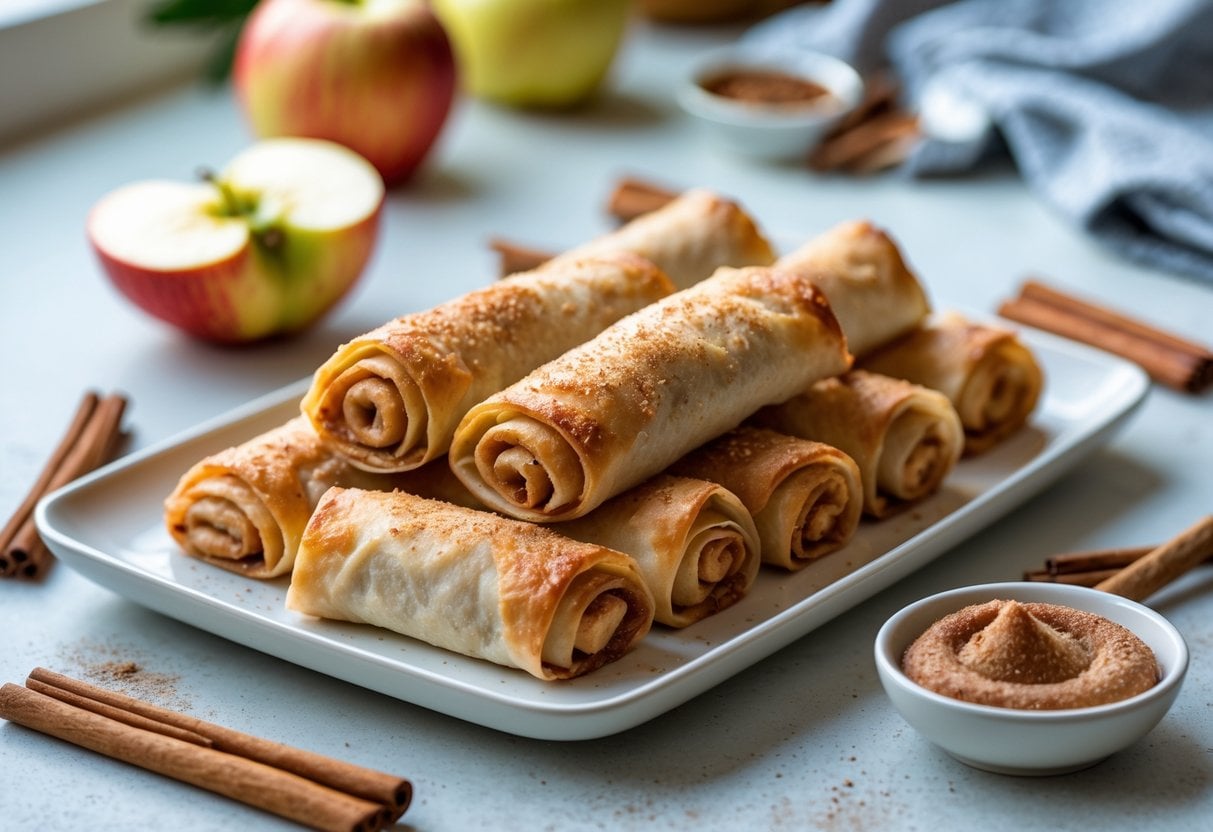 A plate of golden baked apple cinnamon dessert spring rolls with apple slices and cinnamon sticks on a kitchen countertop.