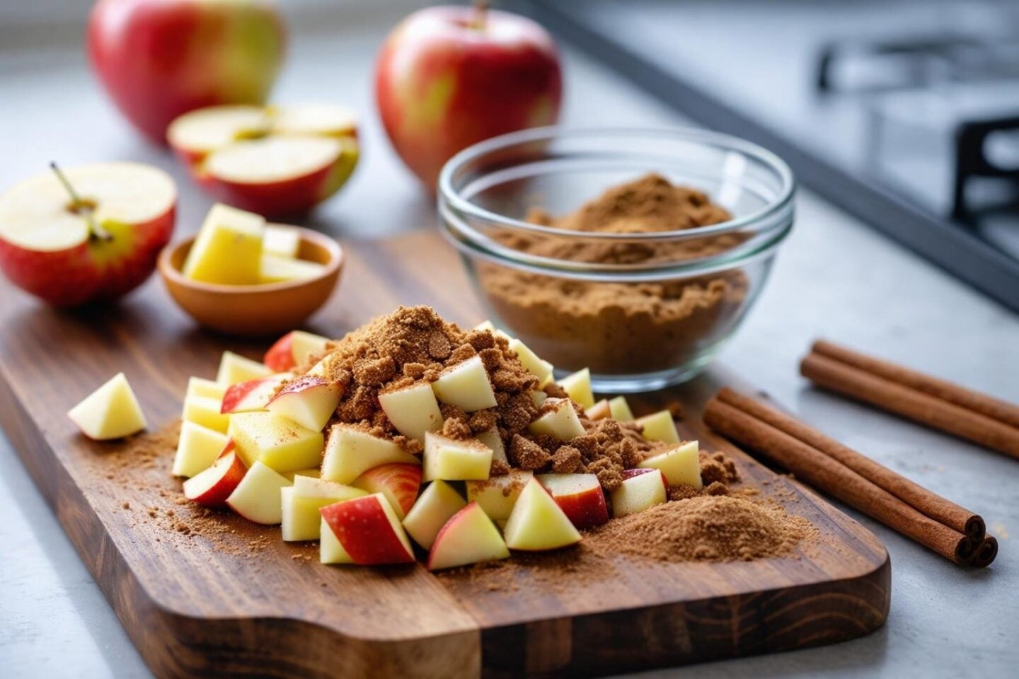 Close-up of hands mixing diced apples with cinnamon and sugar in a bowl on a kitchen countertop.