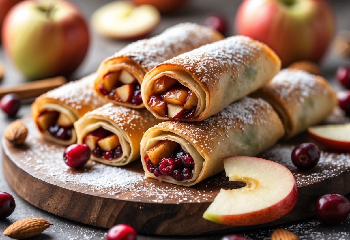 Close-up of golden brown apple-cranberry pie dessert spring rolls with almond pieces on a wooden board, garnished with fresh cranberries, apple slices, and whole almonds.