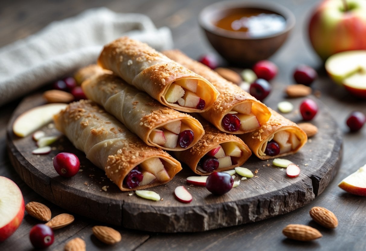 A wooden board with golden brown apple-cranberry pie dessert spring rolls, some cut open to show the filling, surrounded by almonds, cranberries, and apple slices.