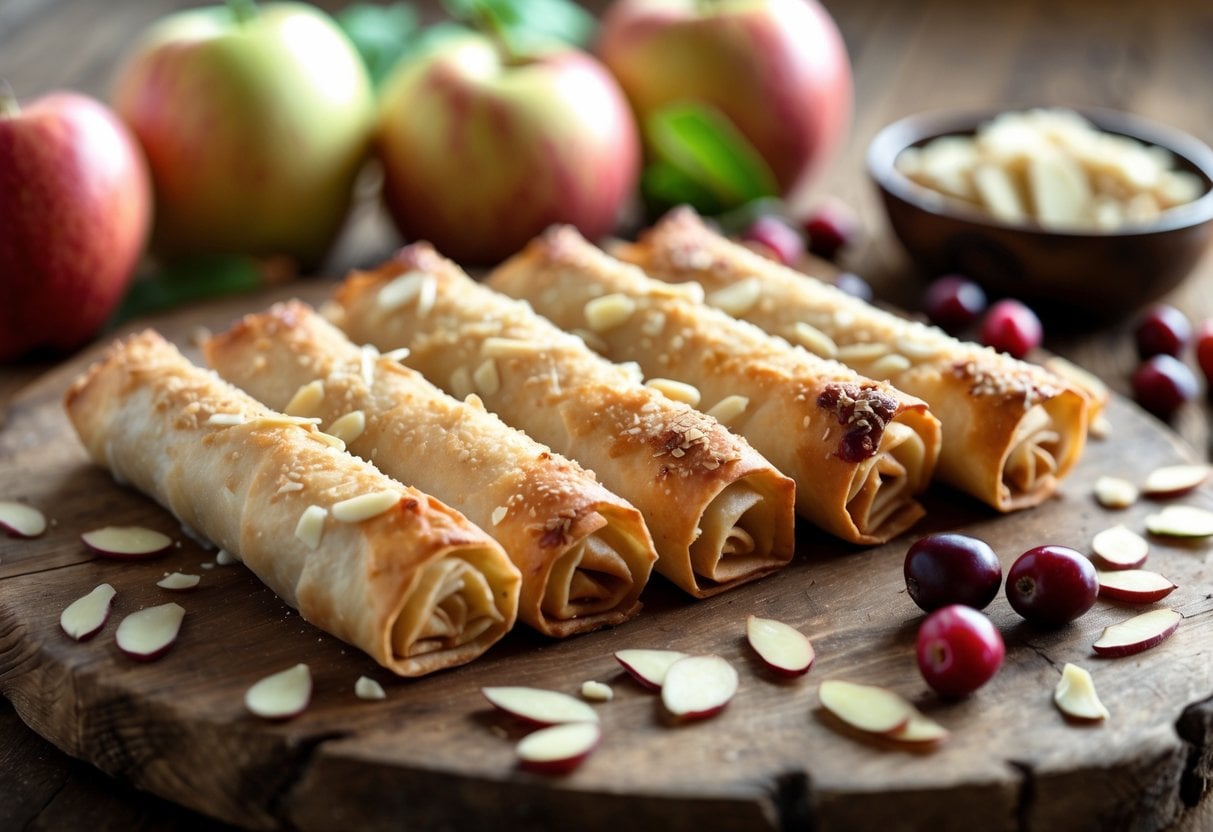 Close-up of apple-cranberry pie dessert spring rolls with almonds on a wooden board.