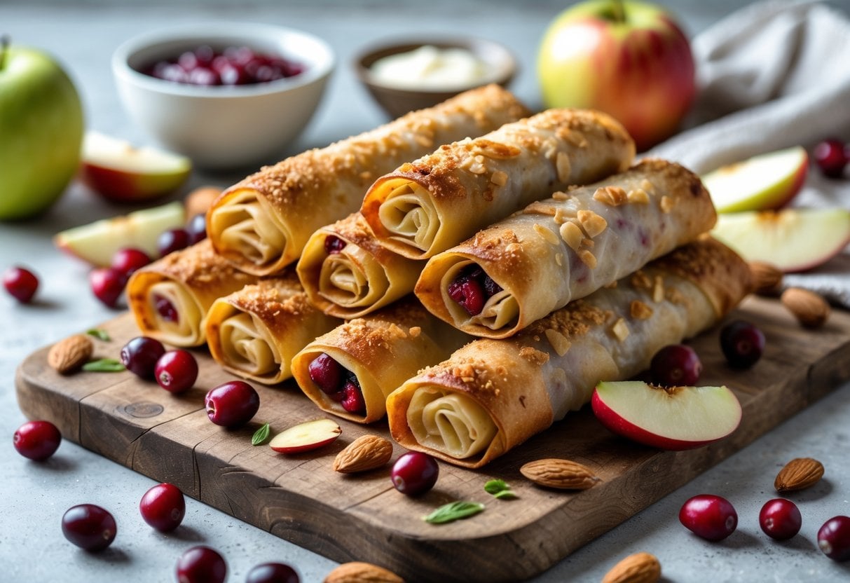 A wooden board with golden brown apple-cranberry pie dessert spring rolls, fresh cranberries, sliced apples, and almonds arranged around them.