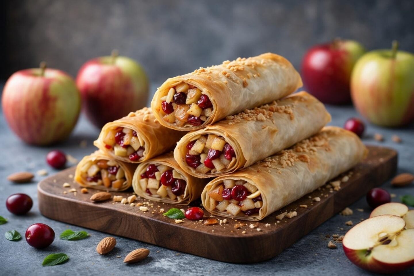 Close-up of apple-cranberry pie dessert spring rolls garnished with almonds on a wooden board with fresh apples and cranberries nearby.