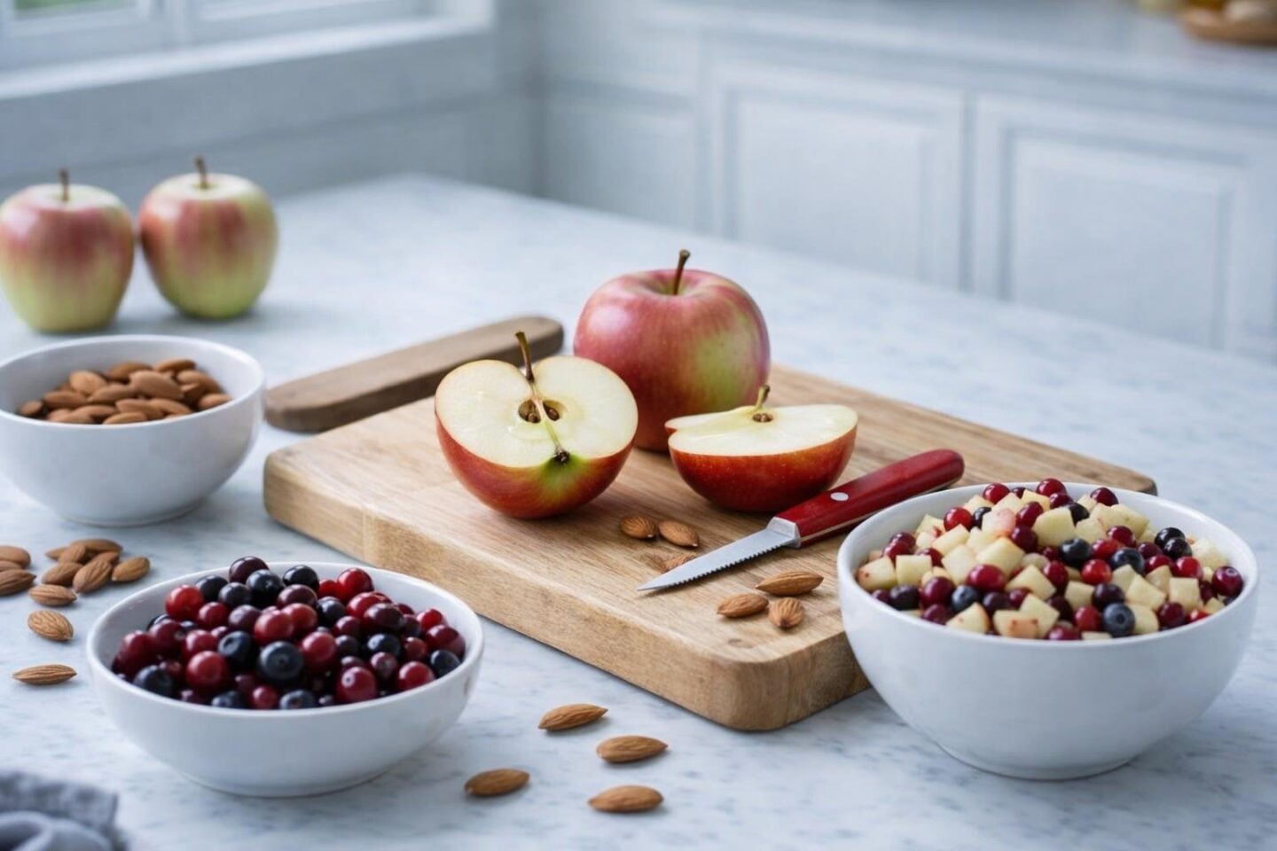 Hands peeling and slicing apples next to bowls of cranberries and almonds on a kitchen countertop with spring roll wrappers ready for filling.