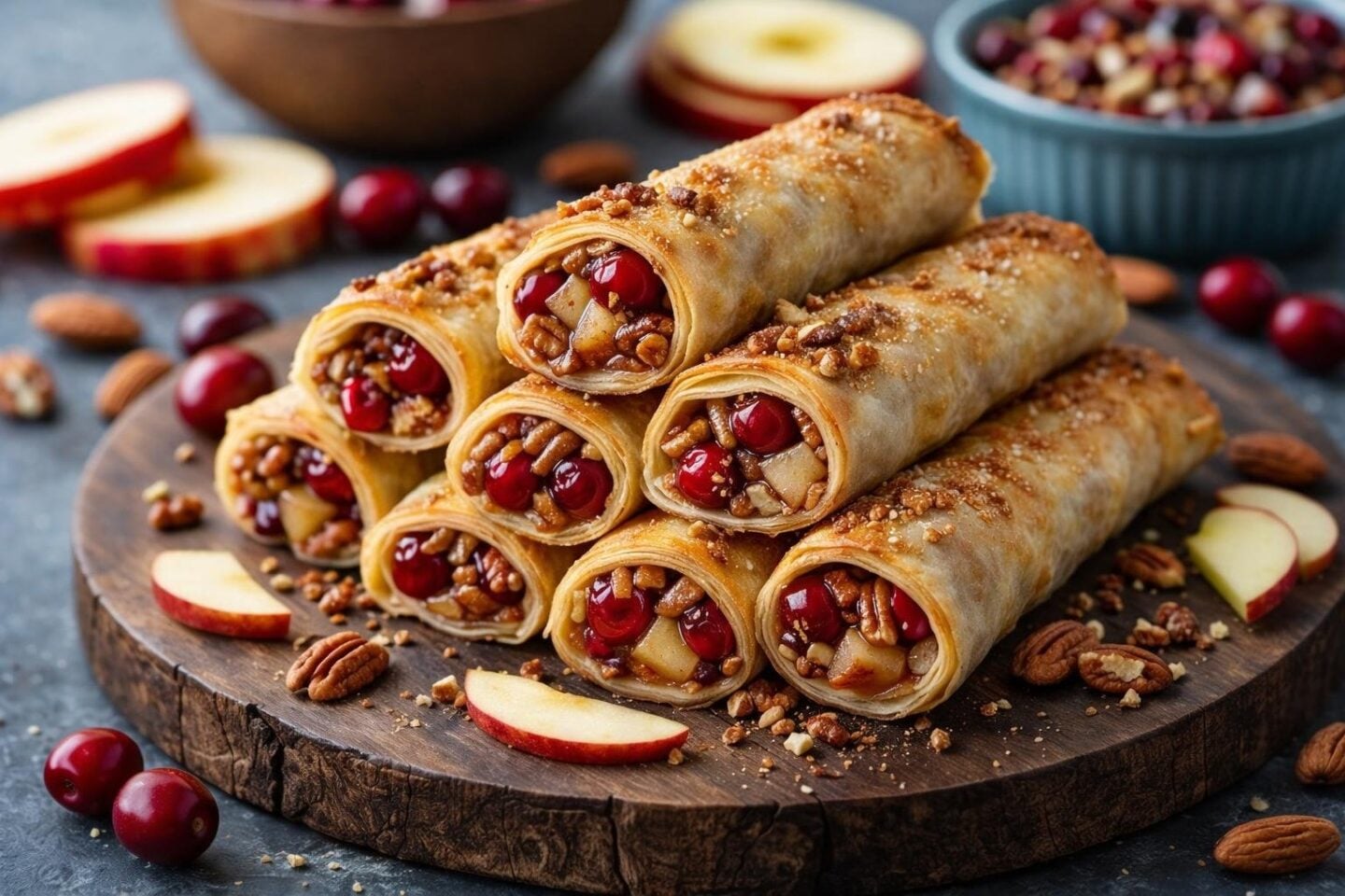 Close-up of apple-cranberry pie dessert spring rolls on a wooden board with almonds and a bowl of cranberry sauce.