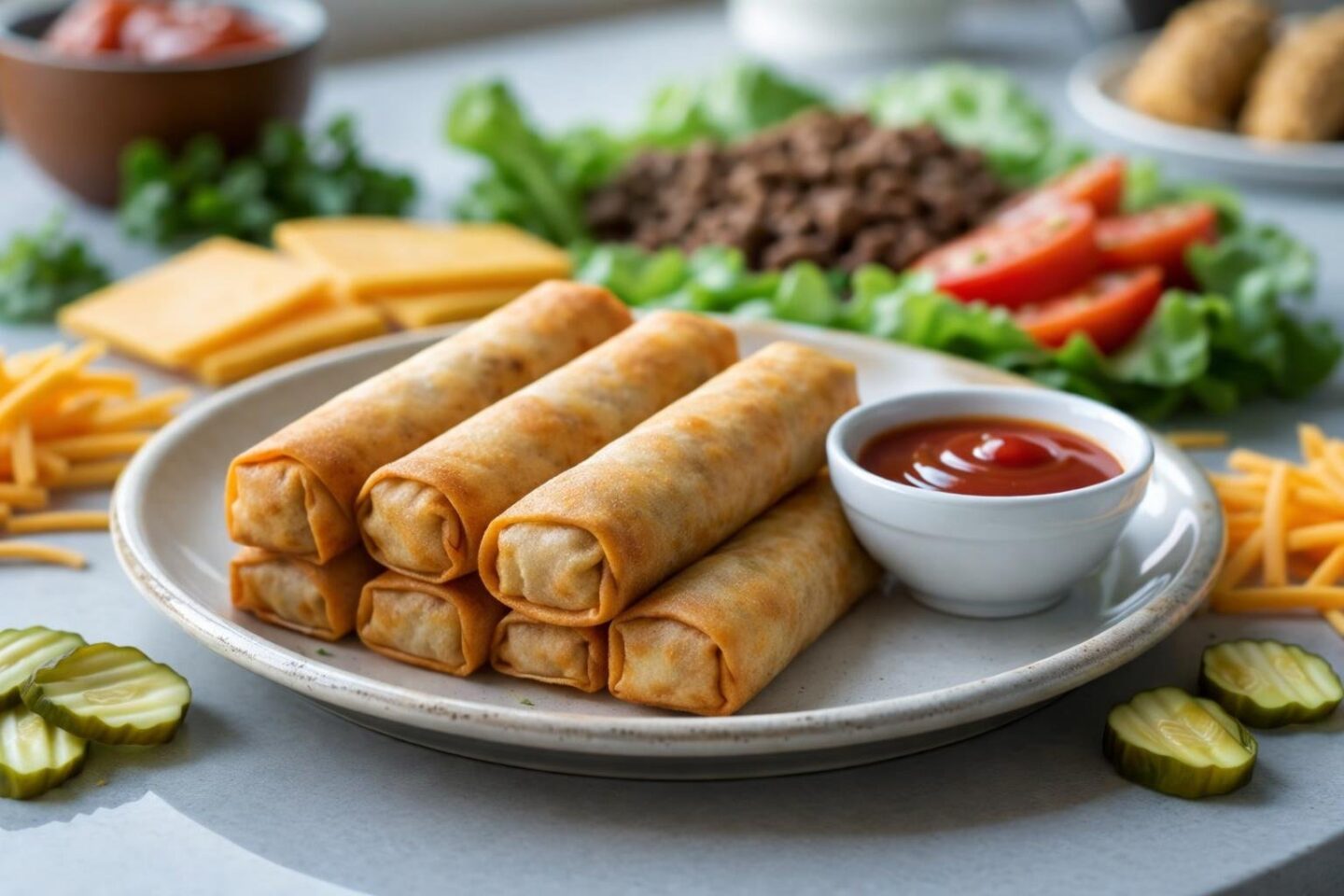 A plate of golden cheeseburger spring rolls with dipping sauce and fresh cheeseburger ingredients on a kitchen countertop.