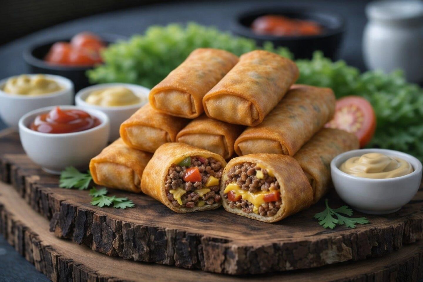 A serving board with crispy cheeseburger spring rolls cut open to show melted cheese and beef, accompanied by dipping sauces and fresh garnishes.