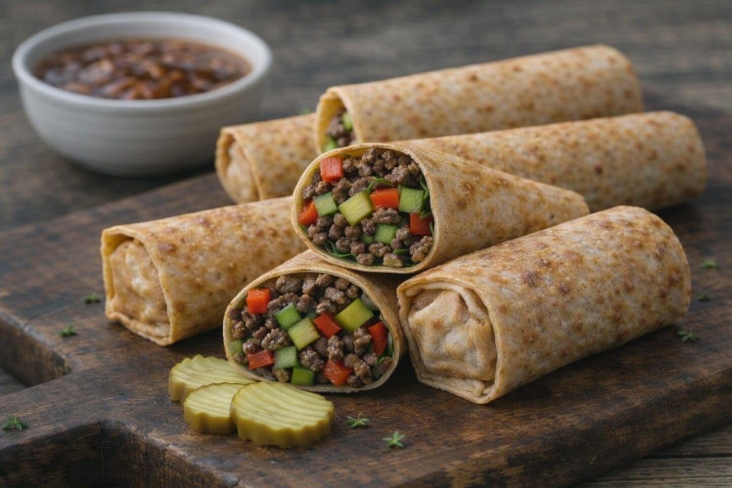 Golden brown cheeseburger spring rolls on a wooden board with lettuce and a bowl of ketchup.