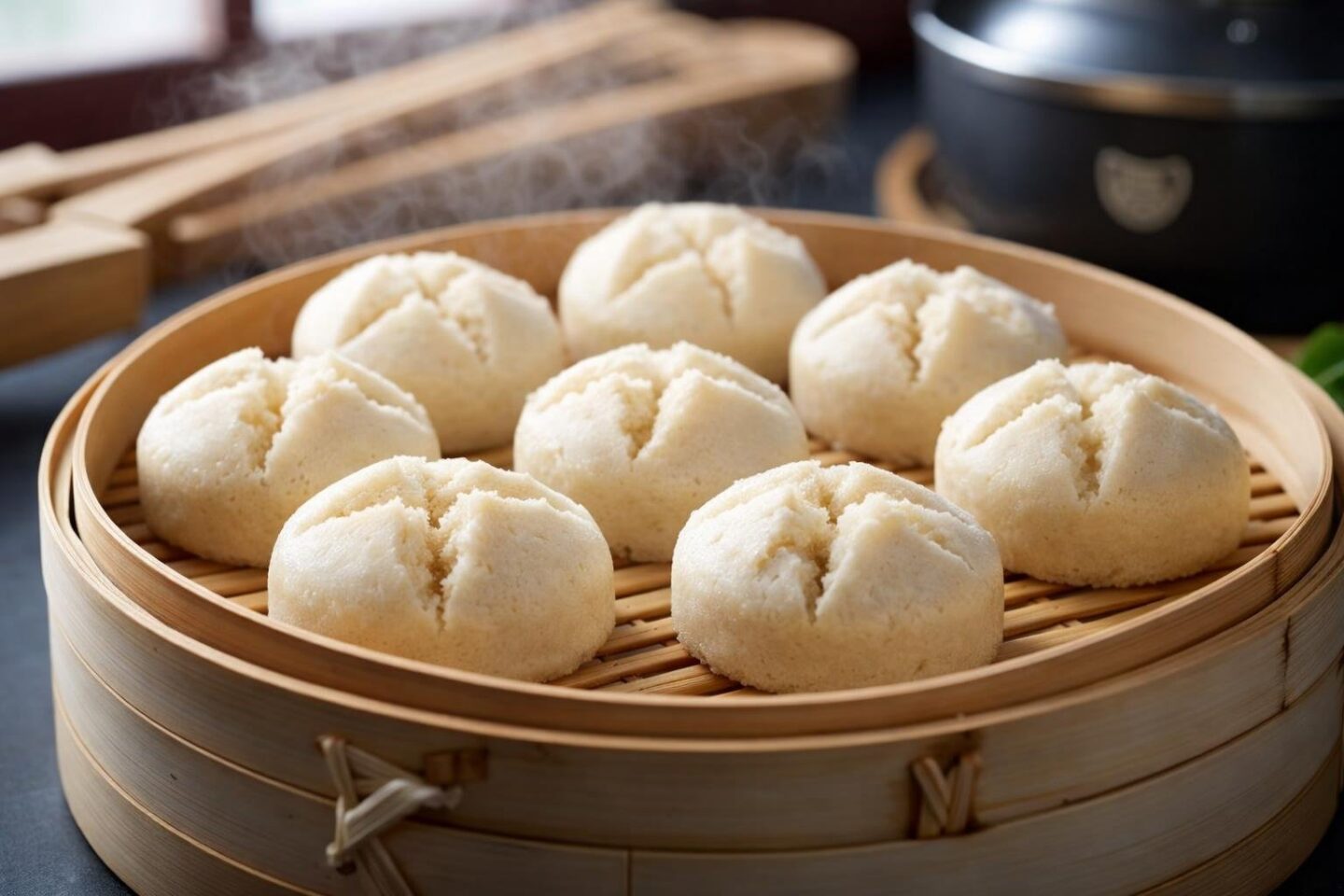 Close-up of several smooth, uncracked fa gao steamed rice cakes in a bamboo steamer basket on a kitchen countertop.