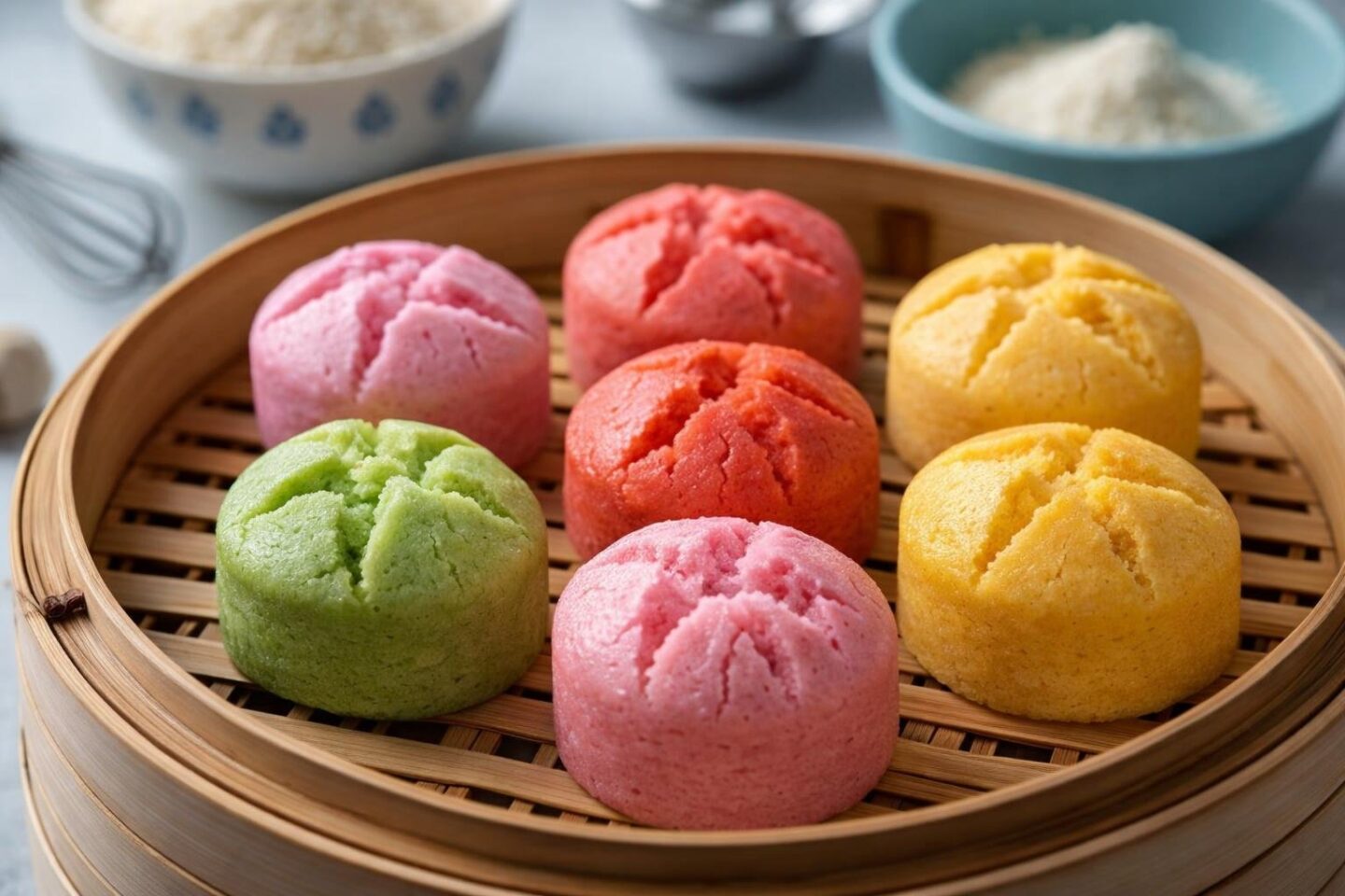 Close-up of steamed fa gao rice cakes on a bamboo steamer, some with cracked tops and others smooth, in a kitchen setting with baking ingredients blurred in the background.