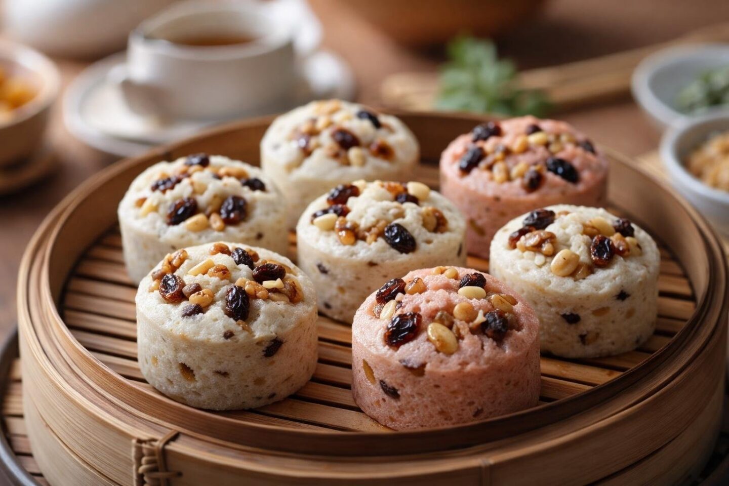 Close-up of several steamed rice cakes on a bamboo steamer, some with cracked tops and others smooth, showing different styles of preparation.