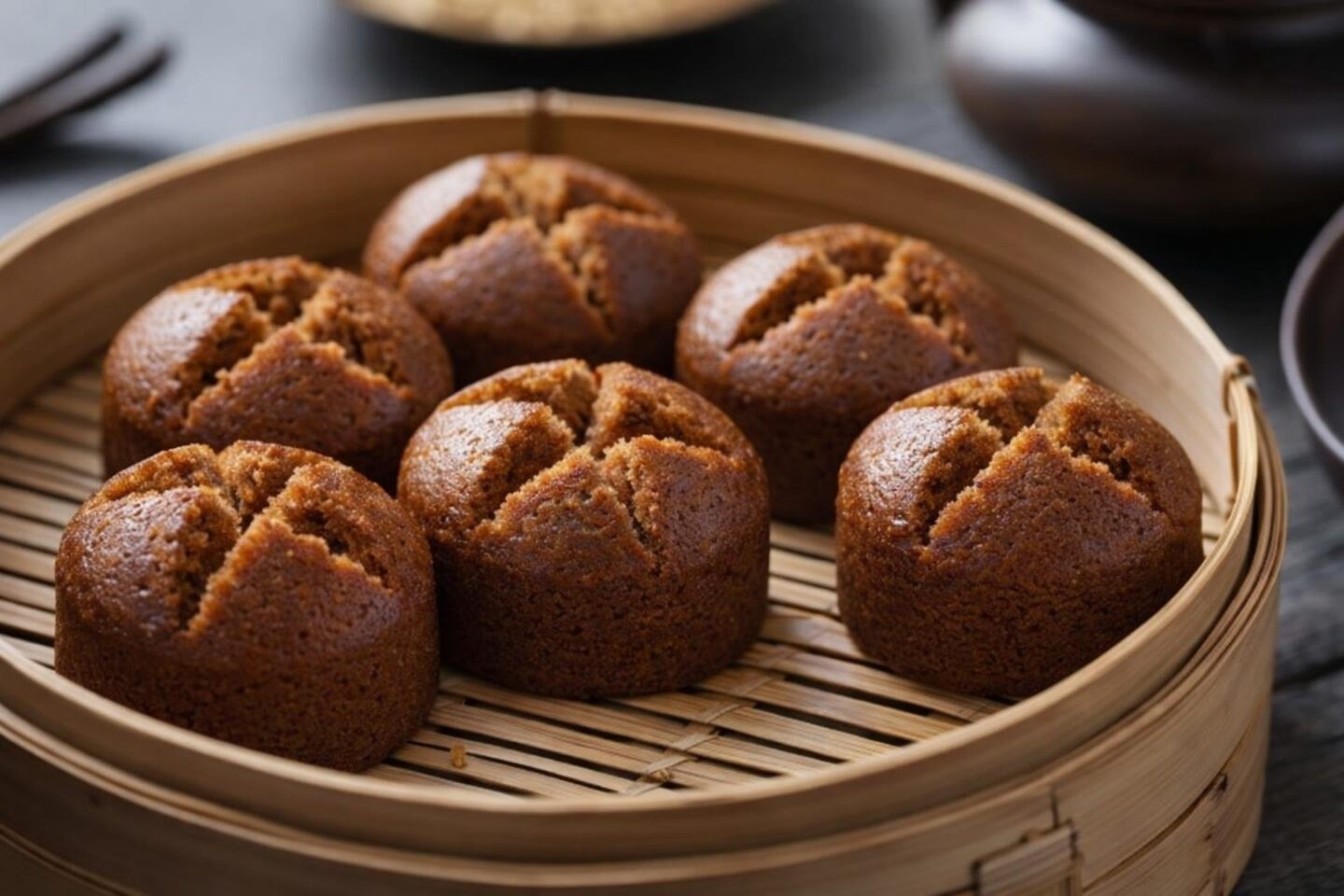 Close-up of traditional Chinese steamed rice cakes, some with cracked tops and others smooth, arranged in a bamboo steamer basket.