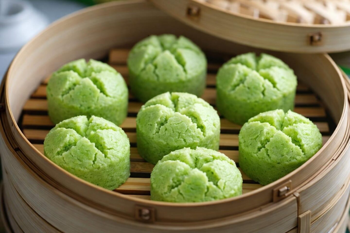 Close-up of several steamed fa gao rice cakes in a bamboo steamer, some with cracked tops and others smooth.