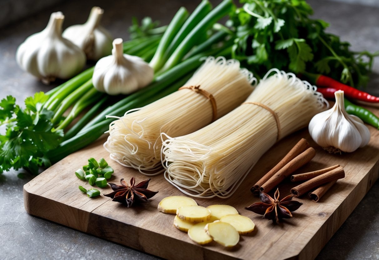 A wooden cutting board with uncooked noodles surrounded by fresh herbs, garlic, ginger, star anise, cinnamon sticks, and dried chili peppers in a kitchen setting.