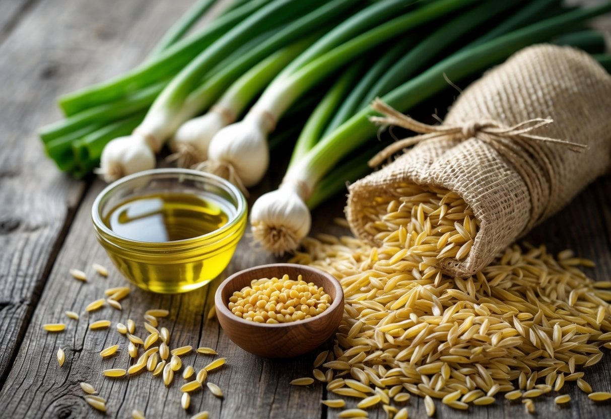 Fresh scallions, golden wheat grains, cooking oil, and a bundle of uncooked wheat noodles arranged on a wooden surface.