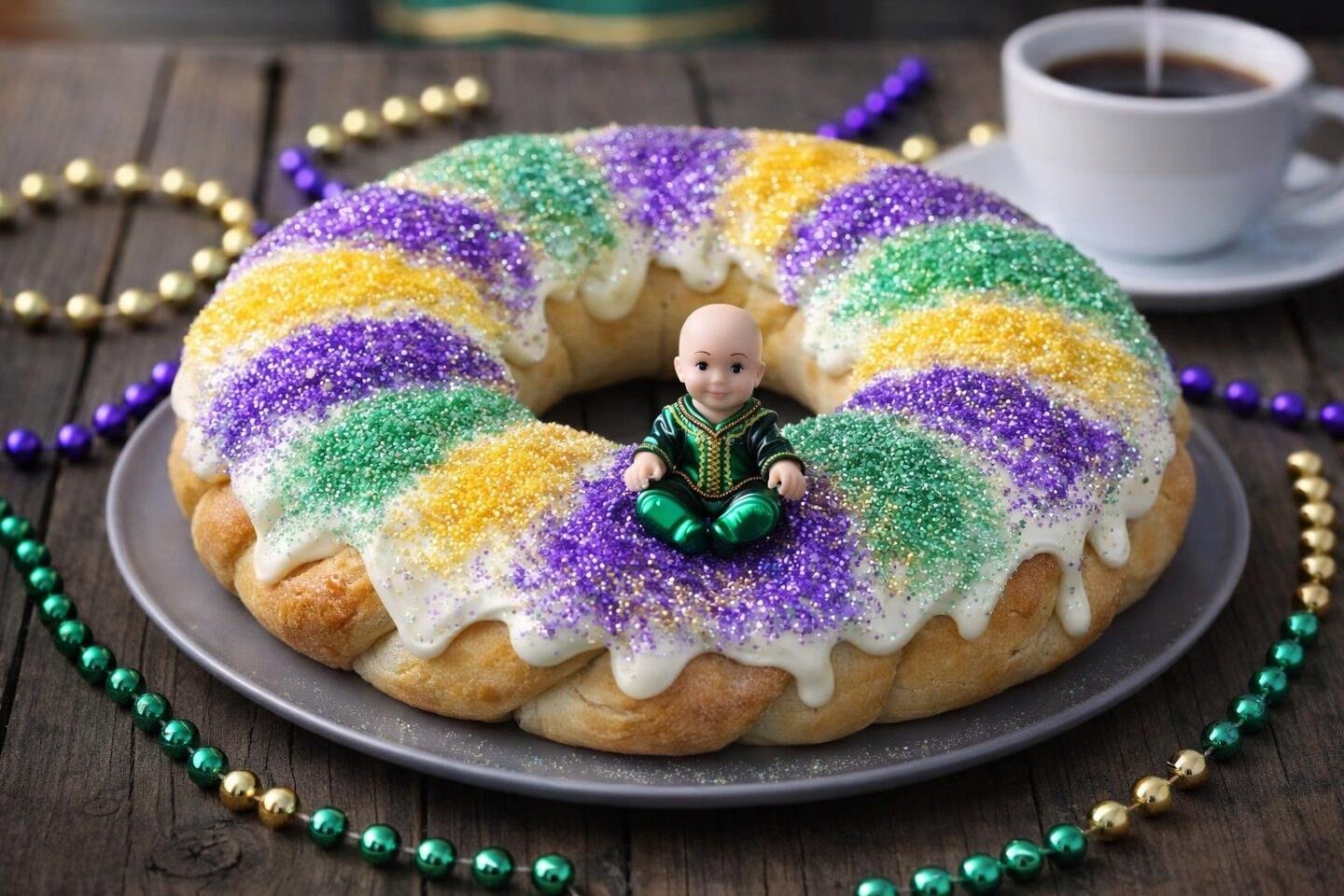 A New Orleans King Cake with colorful sugar sprinkles on a wooden table surrounded by Mardi Gras beads.