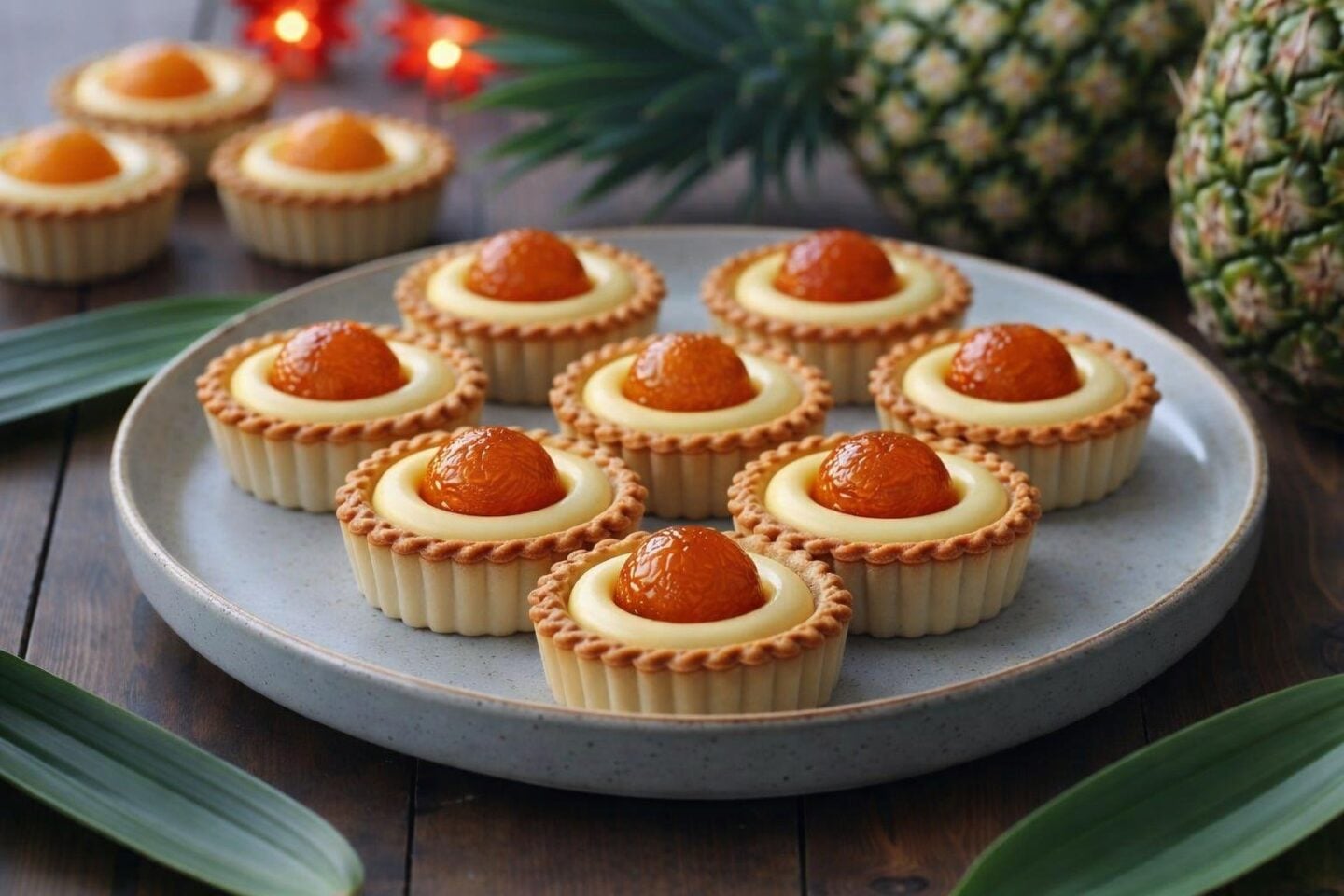 A plate of golden brown pineapple tarts on a wooden table with red and gold Lunar New Year decorations in the background.