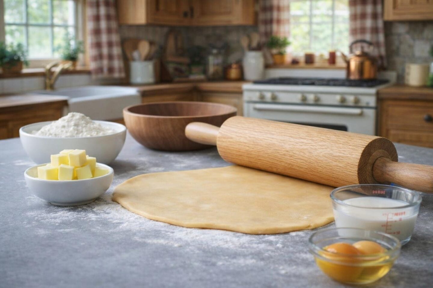 Hands preparing pineapple tart pastry on a kitchen counter with dough, pineapple filling, and baking tools.