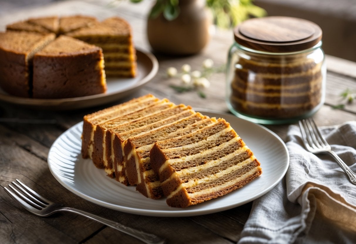 Sliced pieces of layered Lapis Legit cake on a white plate next to a glass jar with more slices on a wooden table.