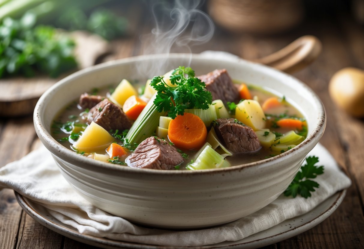 A bowl of French Pot-au-Feu with beef, carrots, potatoes, and herbs on a wooden table.