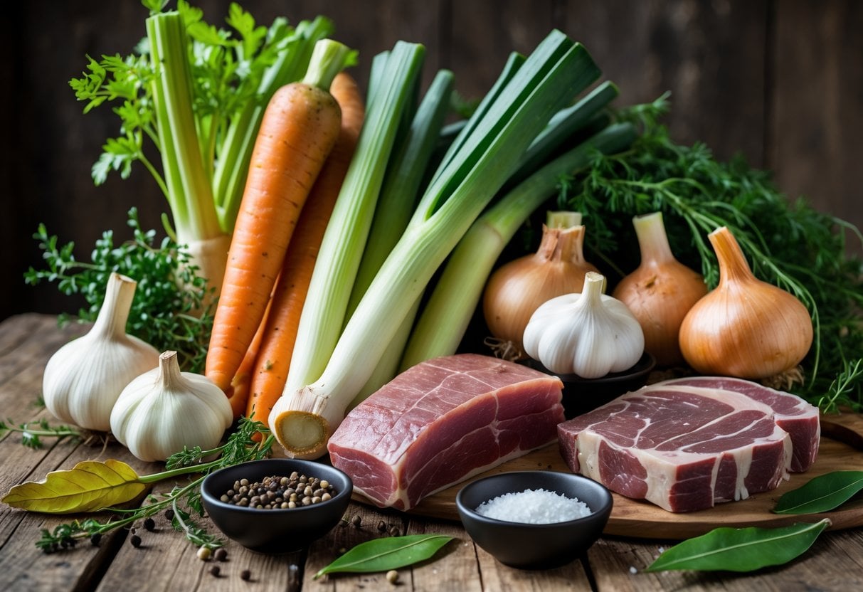 A wooden table displaying fresh vegetables, raw beef cuts, herbs, and spices arranged for making French Pot-au-Feu.