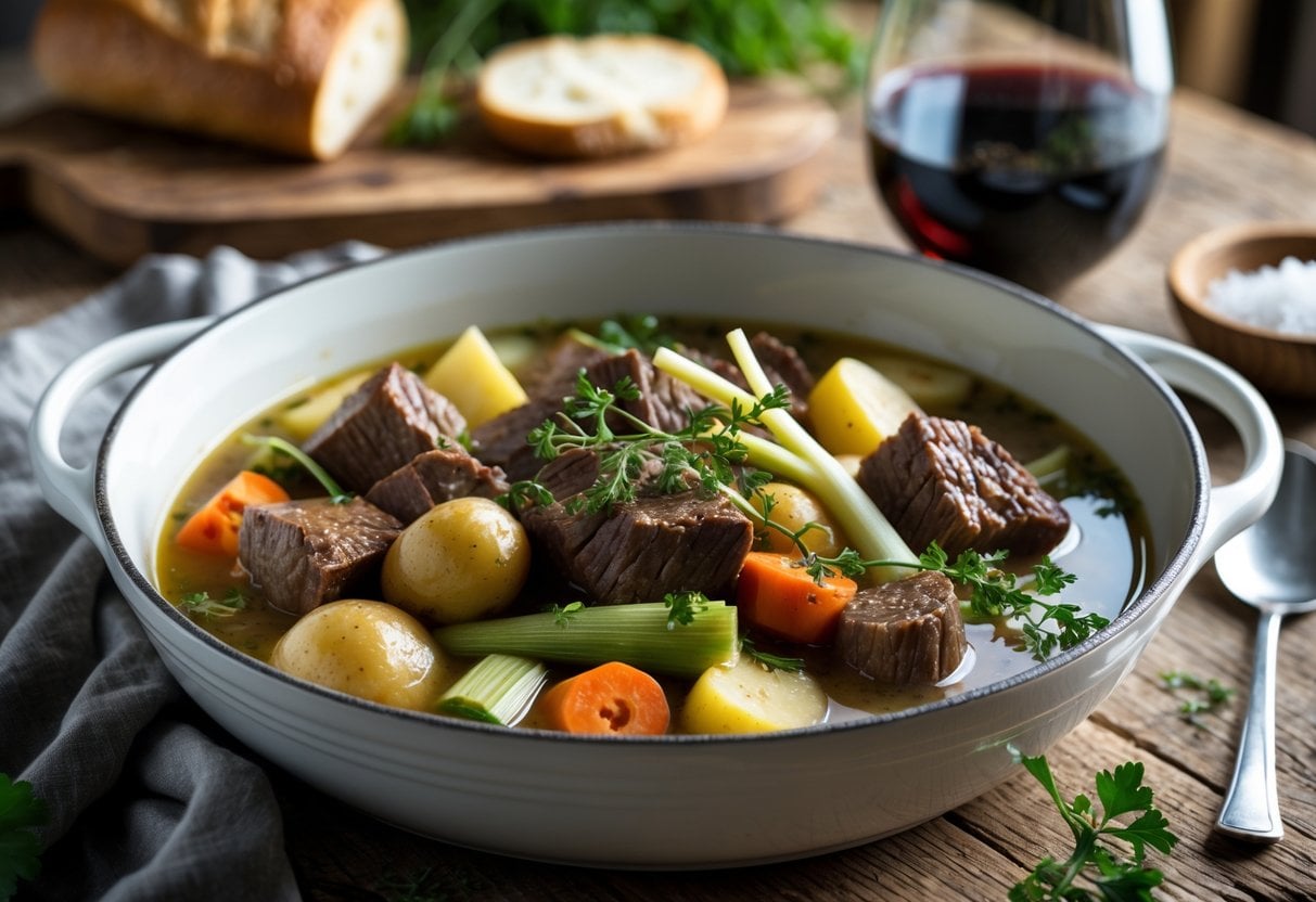 A bowl of French Pot-au-Feu with beef and vegetables on a wooden table, accompanied by a baguette and a glass of red wine.