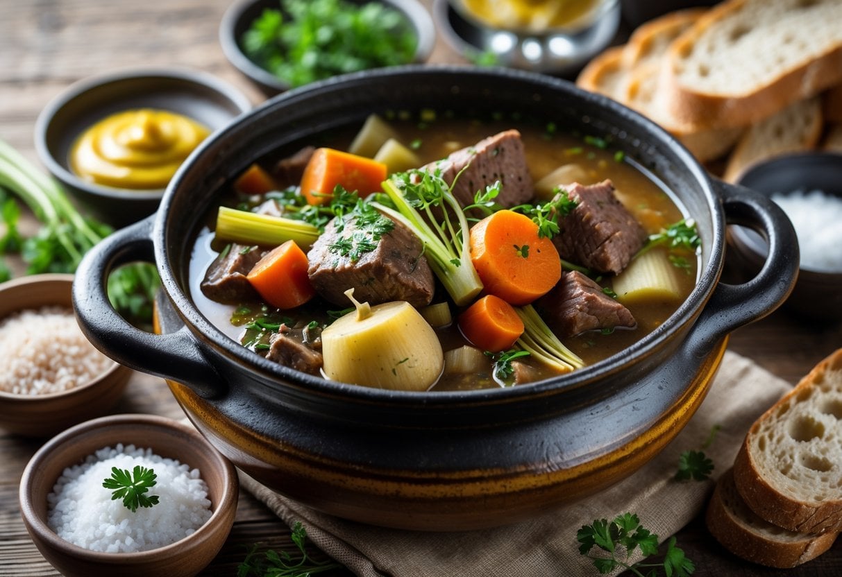 A pot of French Pot-au-Feu stew with beef and vegetables on a wooden table, accompanied by bread and condiments.