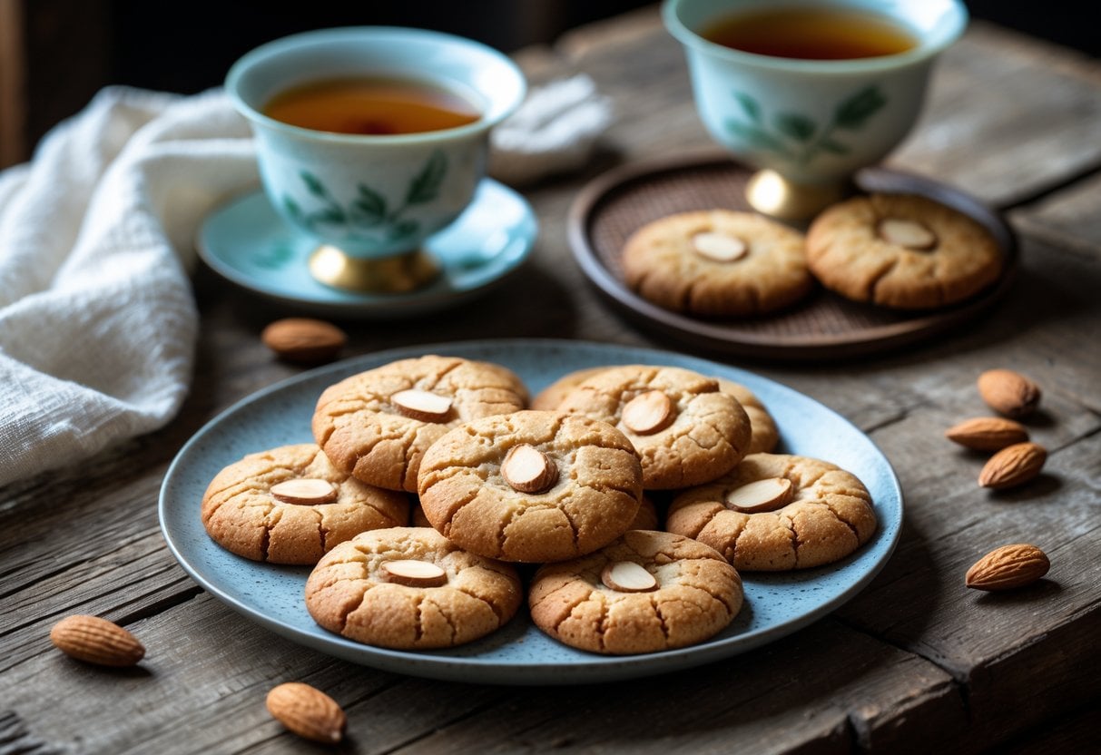 A plate of golden brown Chinese almond cookies with almond slices on top, placed on a wooden table next to a teacup of green tea and scattered almonds.