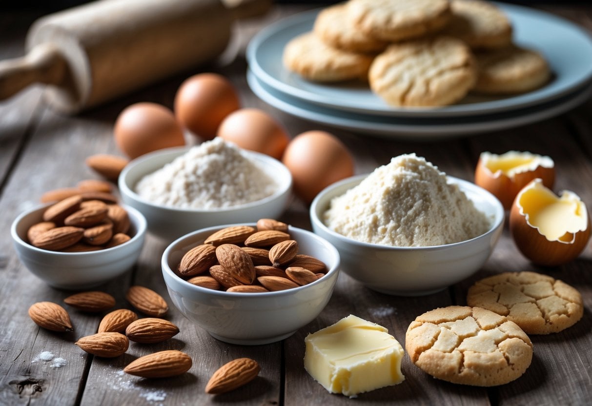 A wooden table with bowls of almonds, almond flour, sugar, butter, eggs, a rolling pin, and a plate of Chinese almond cookies.