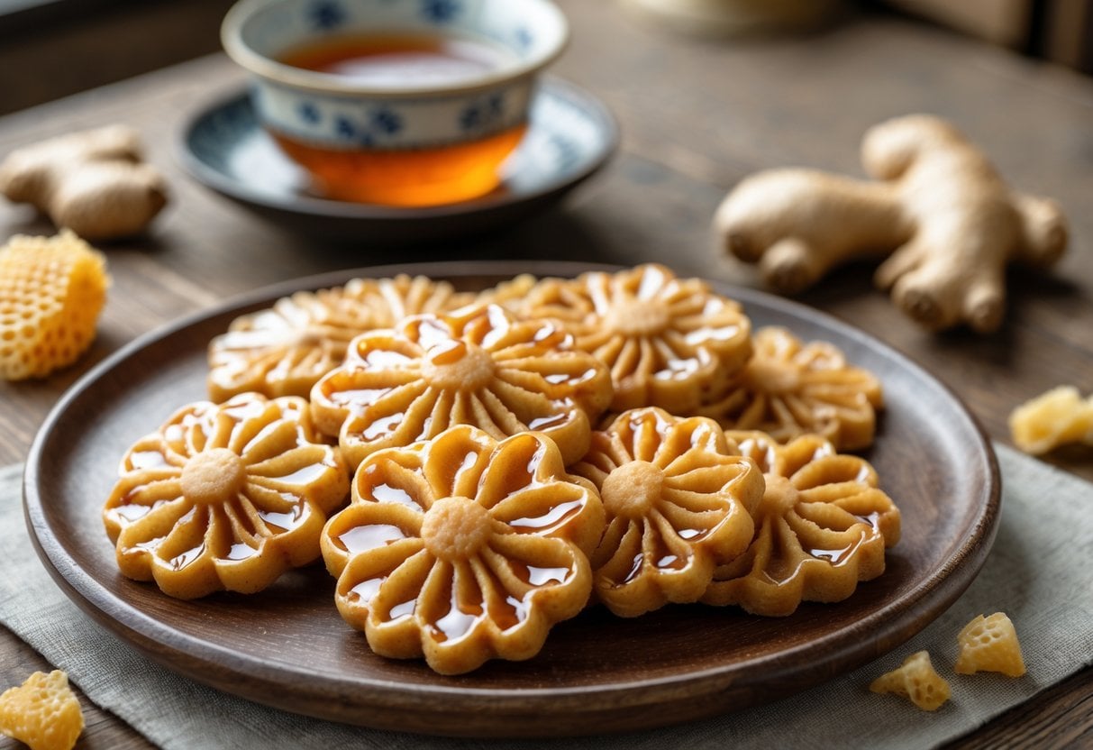 A plate of golden brown Korean honey ginger cookies with floral patterns, placed on a wooden table alongside a cup of tea and fresh ginger.