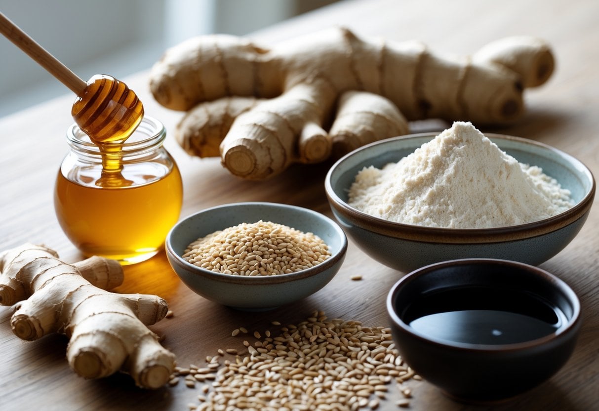 A wooden table displaying fresh ginger, honey in a glass jar, white flour, sesame seeds, and soy sauce as ingredients for Korean honey ginger cookies.