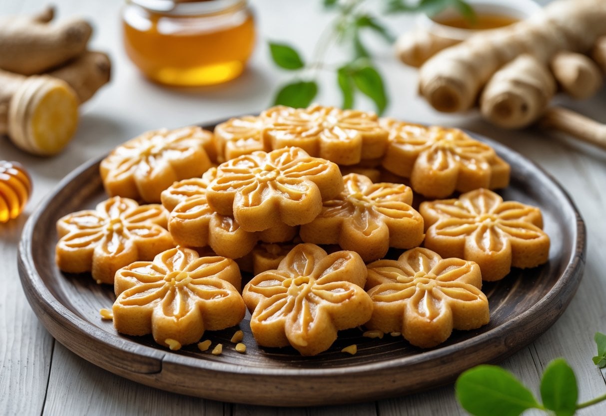 Close-up of traditional Korean honey ginger cookies on a wooden plate with fresh ginger and honey jars on a wooden table.