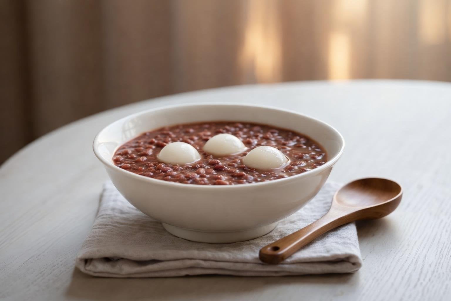 A bowl of sweet red bean soup with visible red beans on a wooden table with a spoon and napkin.